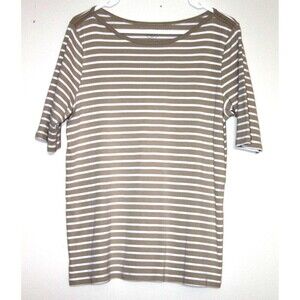 St Johns Bay Womens Striped Boat Neck 3/4 Sleeve Beige White 100% Cotton Top Lg